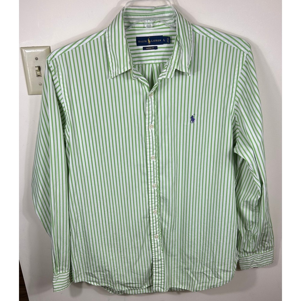 Ralph Lauren Button Down Shirt Mens L Green Striped Custom Fit Purple Polo Pony
